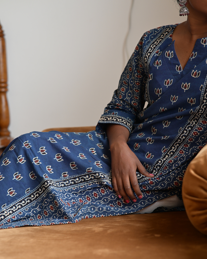 "DHOOP" Blue Ajrakh Hand Block Printed Cotton Kurti