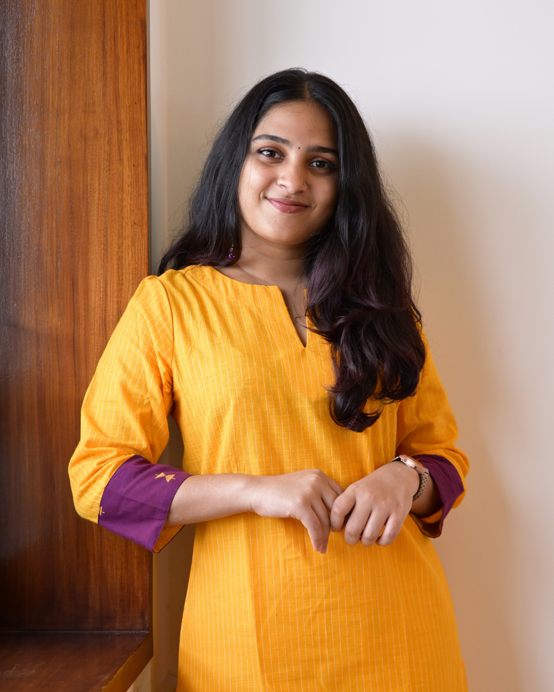 LEHRAA - Mango Yellow Striped South Cotton Slit Neck Kurti