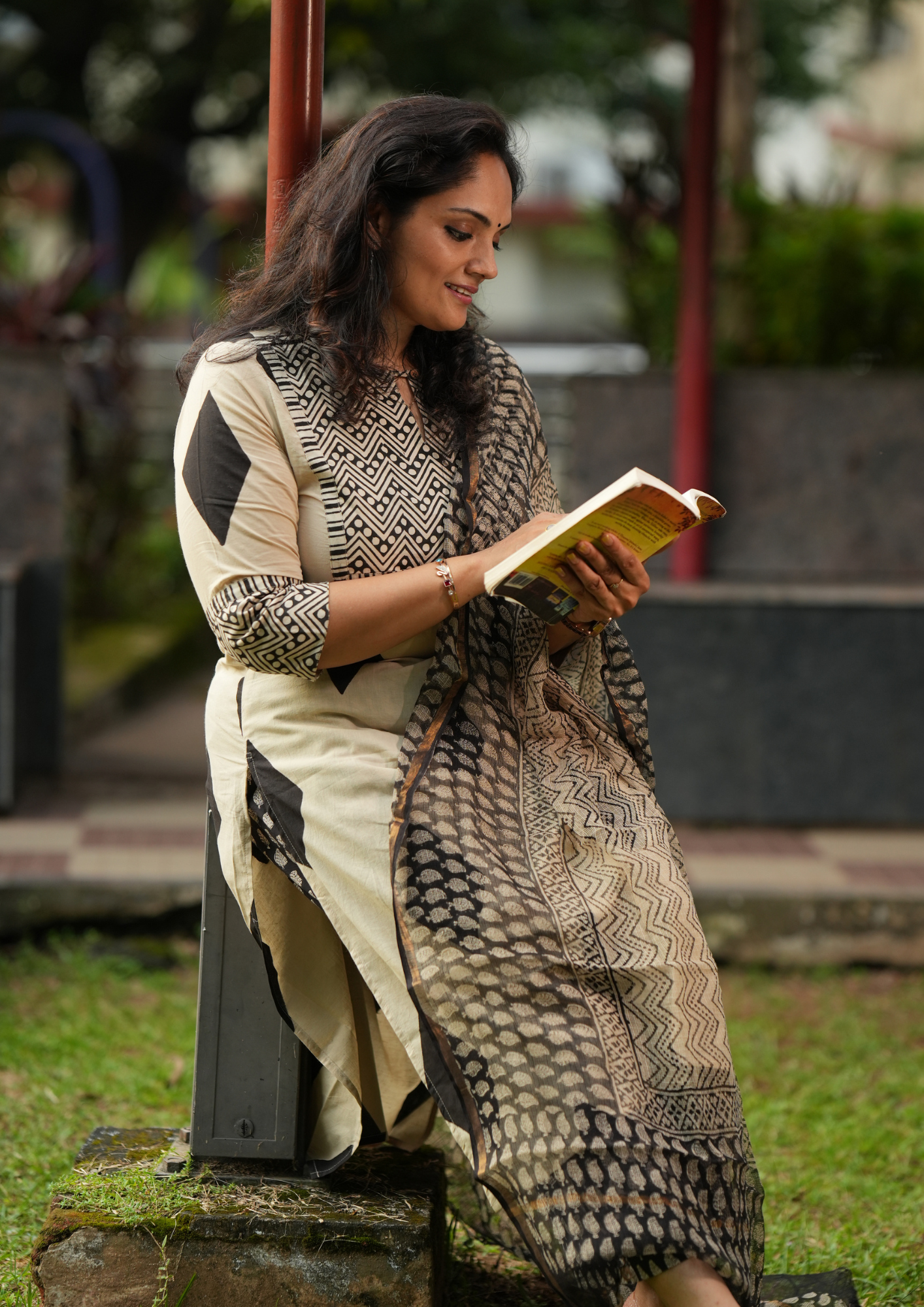 Beige and Black Geometric Print Patch Hand Block Printed Kurti SET