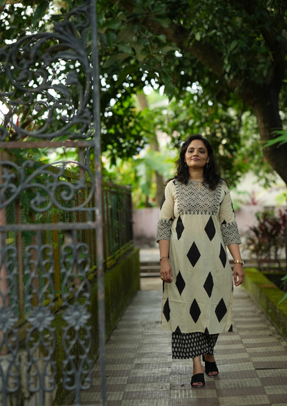 Beige and Black Geometric Print Patch Hand Block Printed Kurti SET