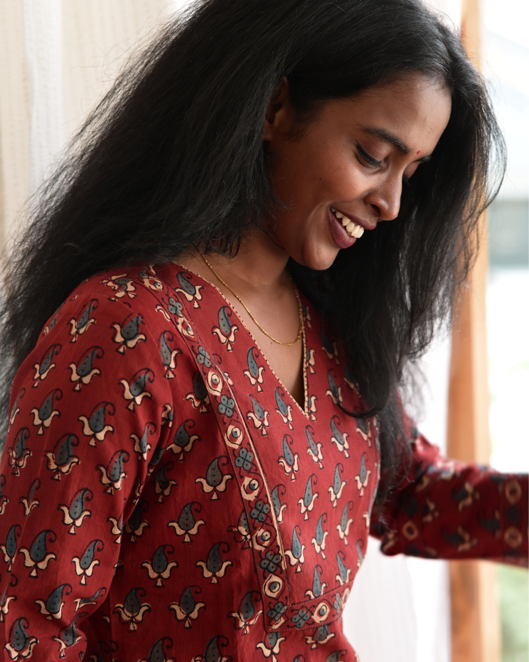 "NAIRA" Maroon Ajrakh Printed V Neck Cotton  Kurti