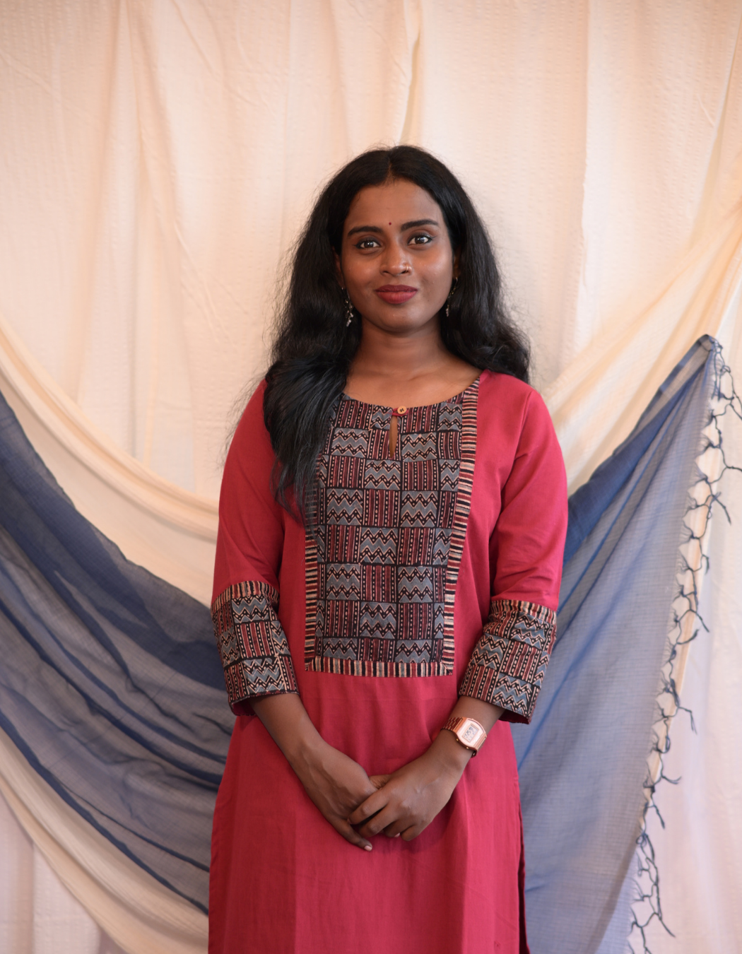 Kadha  Maroon Plain Cotton Flax With Ajrakh  Patch Kurti