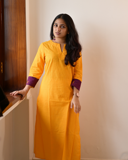 LEHRAA - Mango Yellow Striped South Cotton Slit Neck Kurti