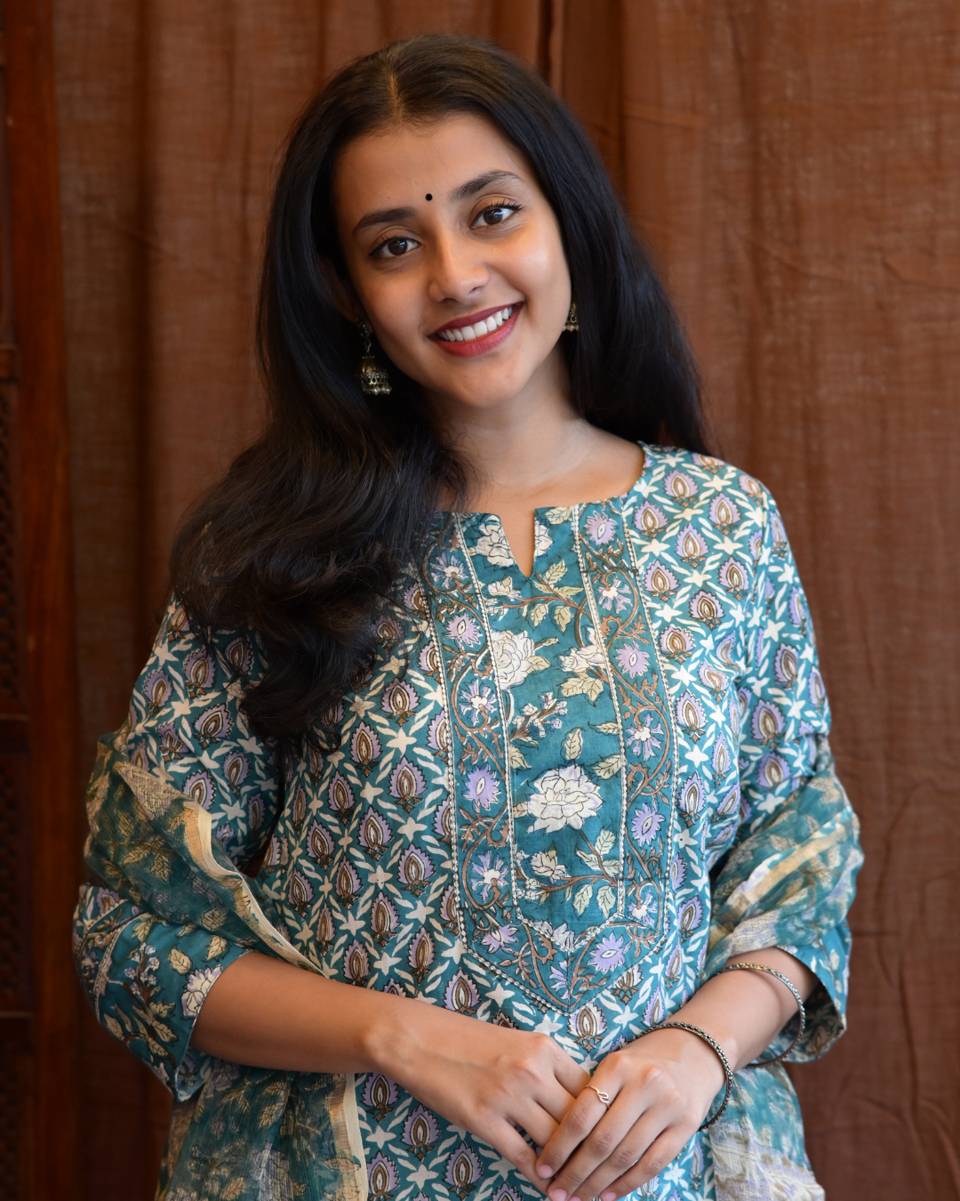 "NIRAM" Teal Blue Sanganeri Hand block printed cotton kurti set with Kota Doriya dupatta.