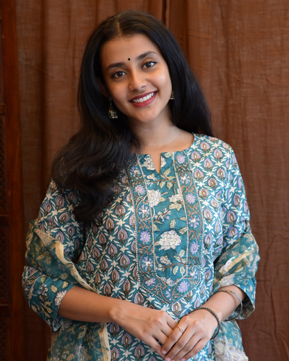"NIRAM" Teal Blue Sanganeri Hand block printed cotton kurti set with Kota Doriya dupatta.