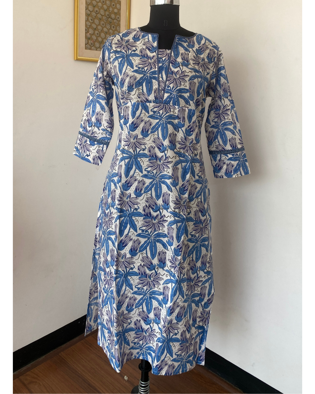 "CHAMPA" white and blue Floral Hand Block Printed Lace Kurti