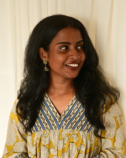Gulmohar Yellow Paisly Handblock Printed Cotton Gatherd A-line dress kurti