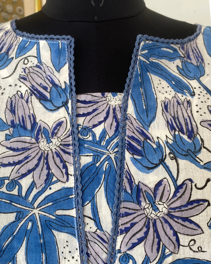 "CHAMPA"Floral Hand Block Printed Lace Kurti and pant set