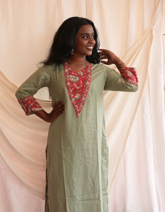 "TARA" PASTEL GREEN BASE RED HAND BLOCK PRINTED PATCH KURTI
