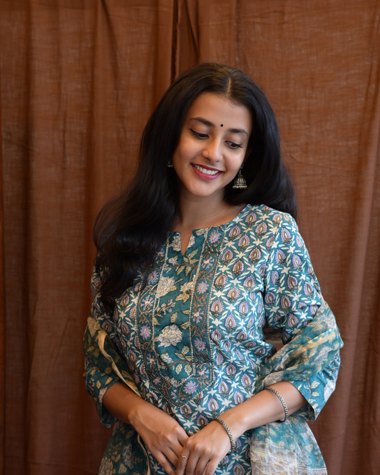 "NIRAM" Teal Blue Sanganeri Hand block printed cotton kurti set with Kota Doriya dupatta.