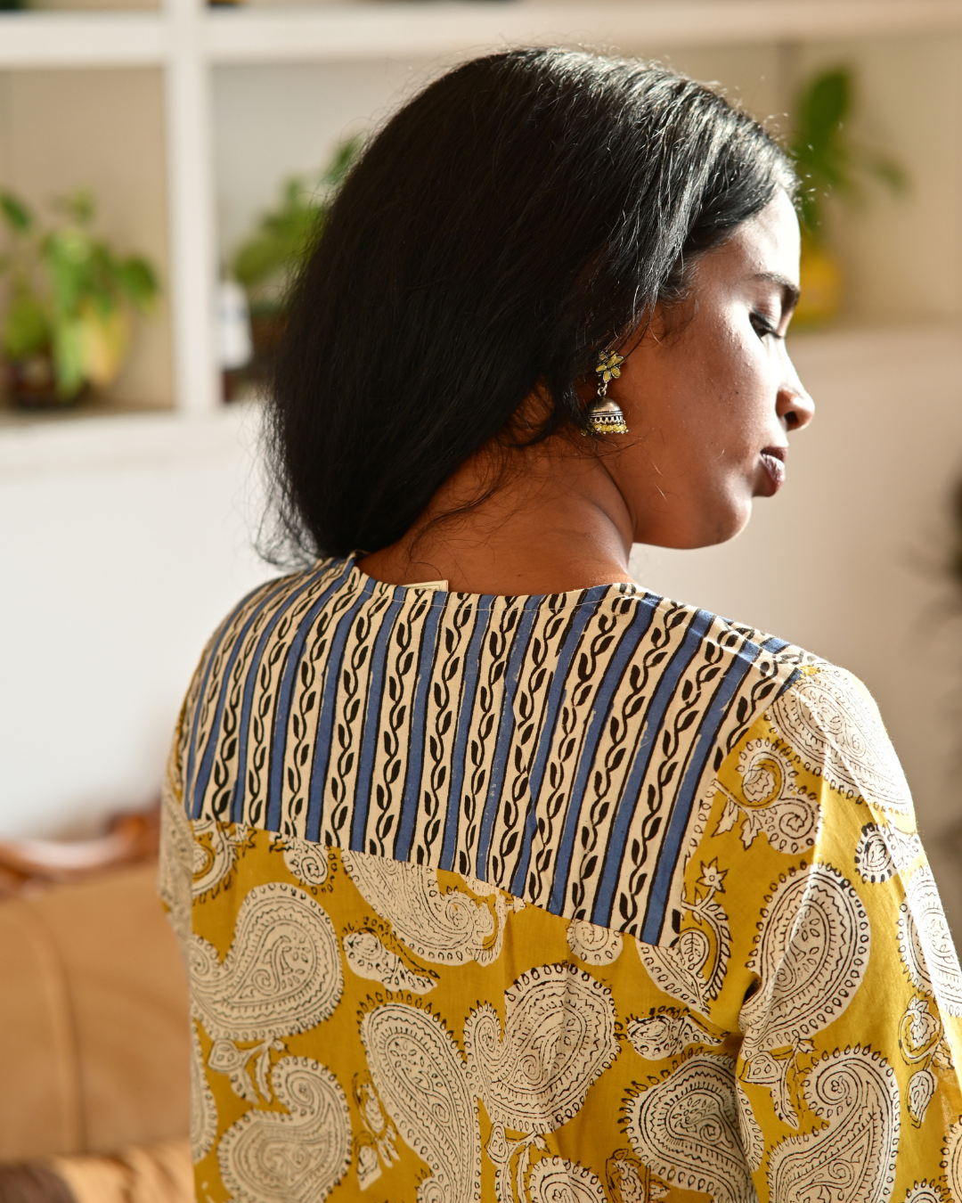 Gulmohar Yellow Paisly Handblock Printed Cotton Gatherd A-line dress kurti