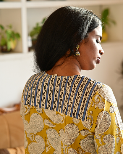 Gulmohar Yellow Paisly Handblock Printed Cotton Gatherd A-line dress kurti
