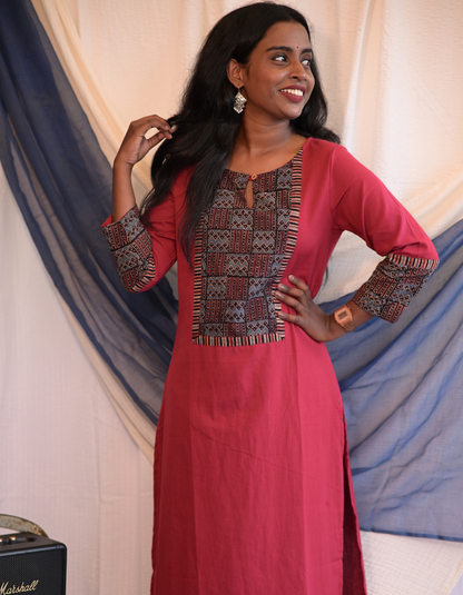 Kadha  Maroon Plain Cotton Flax With Ajrakh  Patch Kurti