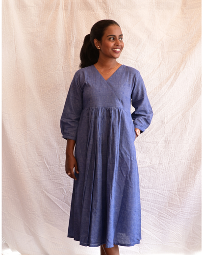 BENGAL HANDLOOM COTTON BLUE CHECK GATHERED DRESS