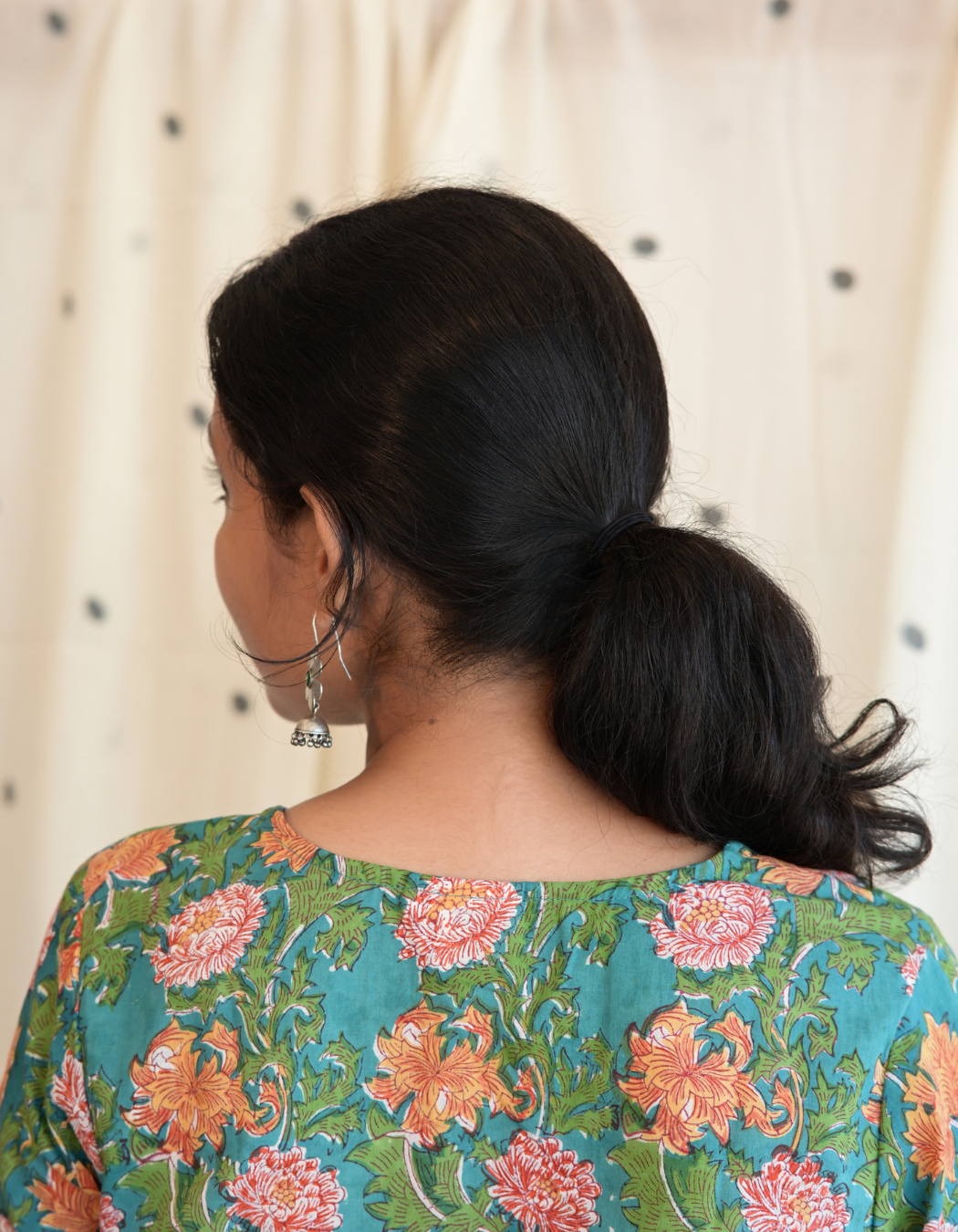 ROOH - TEAL GREEN FLORAL SANGANERI PRINTED COTTON CURVD -V NECK KURTI