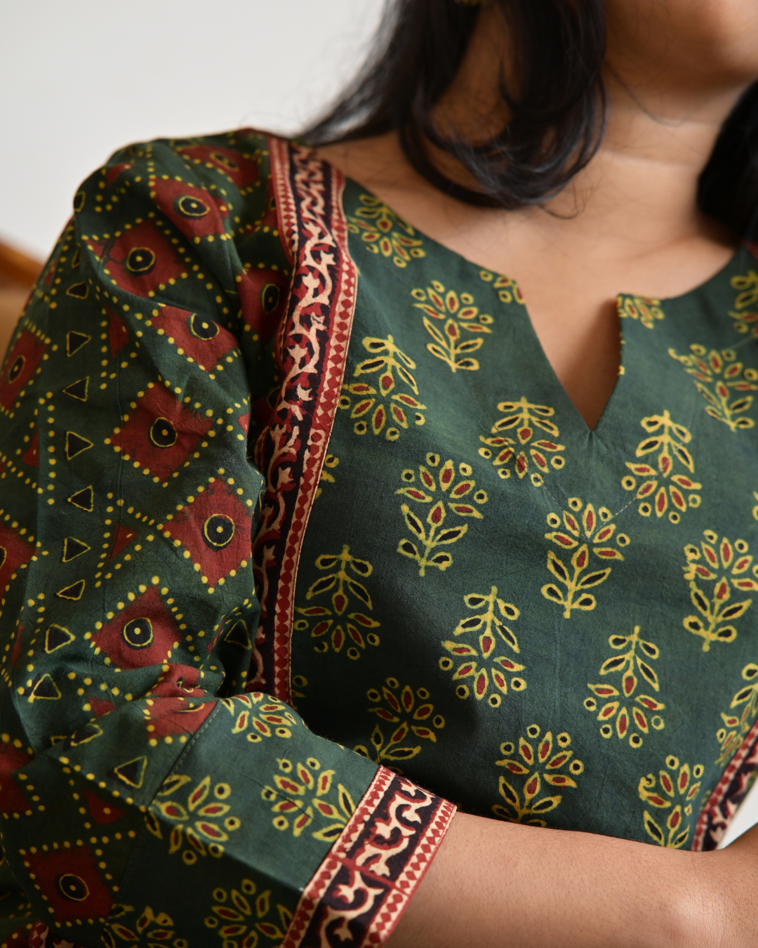 "DHOOP" Green Ajrakh Hand Block Printed Cotton Kurti