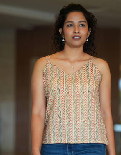 Beige Block printed Spaghetti Top