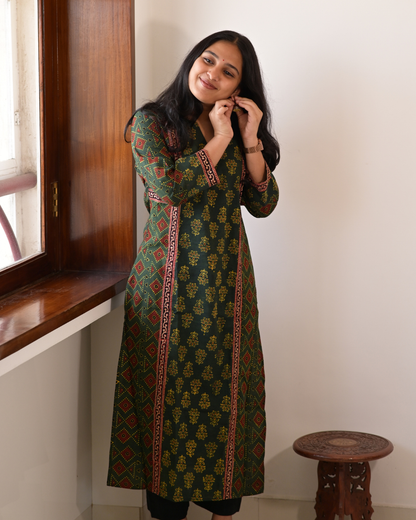 "DHOOP" Green Ajrakh Hand Block Printed Cotton Kurti