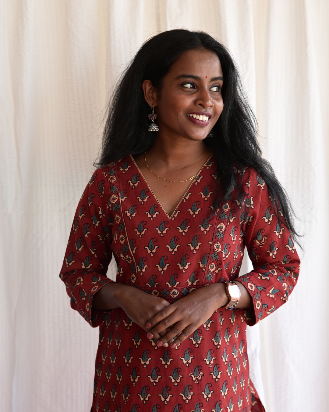 "NAIRA" Maroon Ajrakh Printed V Neck Cotton  Kurti