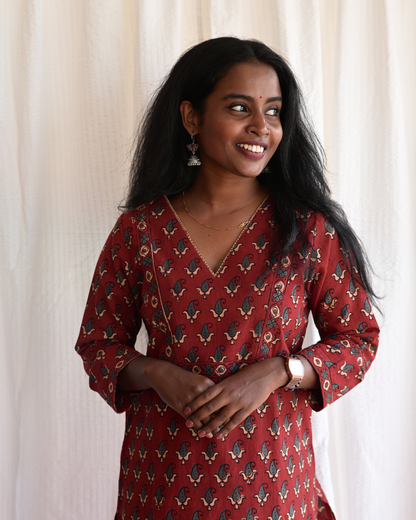 "NAIRA" Maroon Ajrakh Printed V Neck Cotton  Kurti