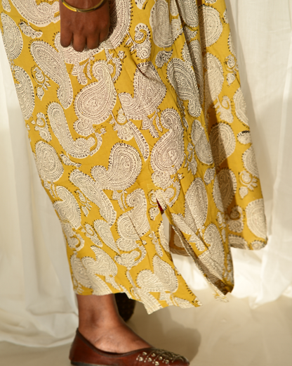 Gulmohar Yellow Paisly Handblock Printed Cotton Gatherd A-line dress kurti