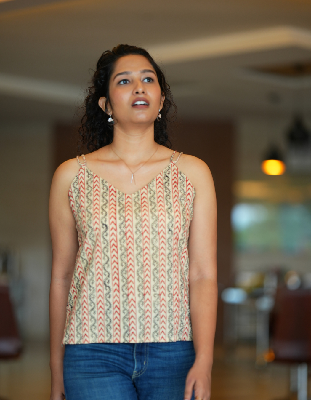 Beige Block printed Spaghetti Top