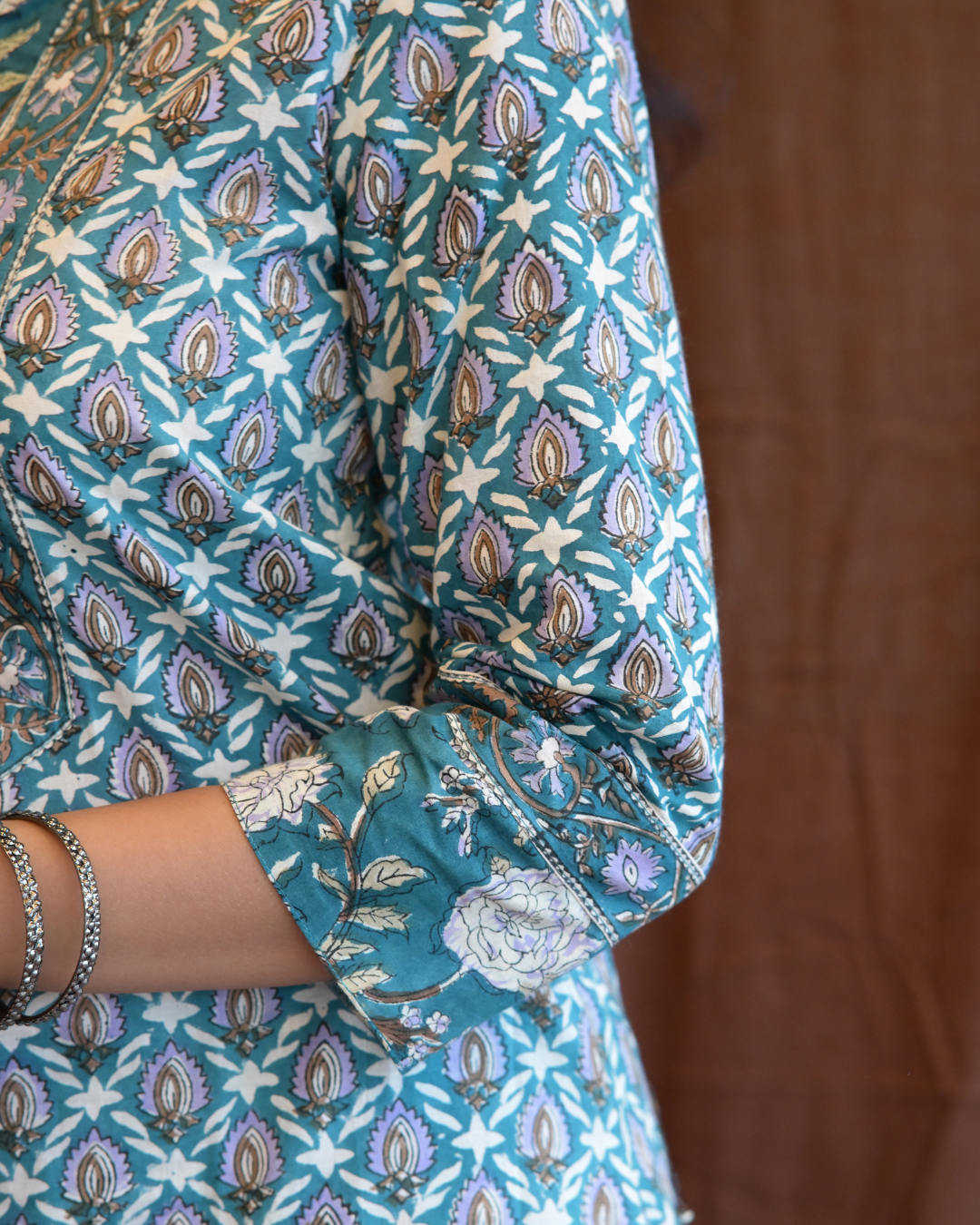 "NIRAM" Teal Blue Sanganeri Hand block printed cotton kurti set with Kota Doriya dupatta.