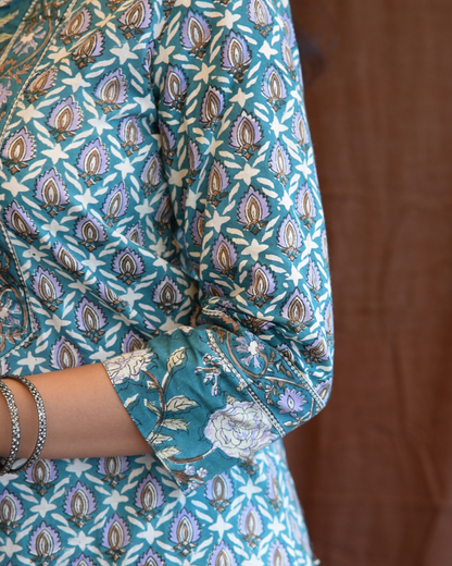 "NIRAM" Teal Blue Sanganeri Hand block printed cotton kurti set with Kota Doriya dupatta.