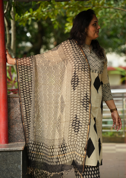 Beige and Black Geometric Print Patch Hand Block Printed Kurti SET