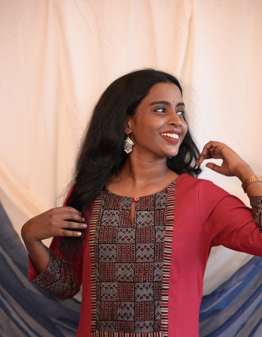 Kadha  Maroon Plain Cotton Flax With Ajrakh  Patch Kurti