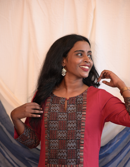 Kadha  Maroon Plain Cotton Flax With Ajrakh  Patch Kurti