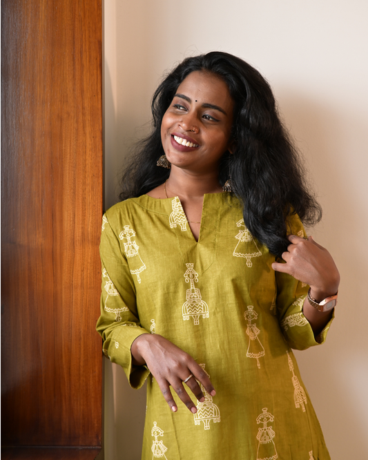 LEHRAA - Olive Green Warli Printed Slit Neck Kurti