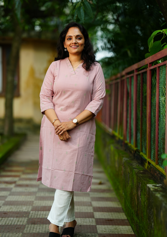 Powder Pink Hand Loom V Neck Kurti