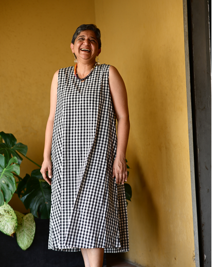 "IRA" Black and White checks A-LINE DRESS