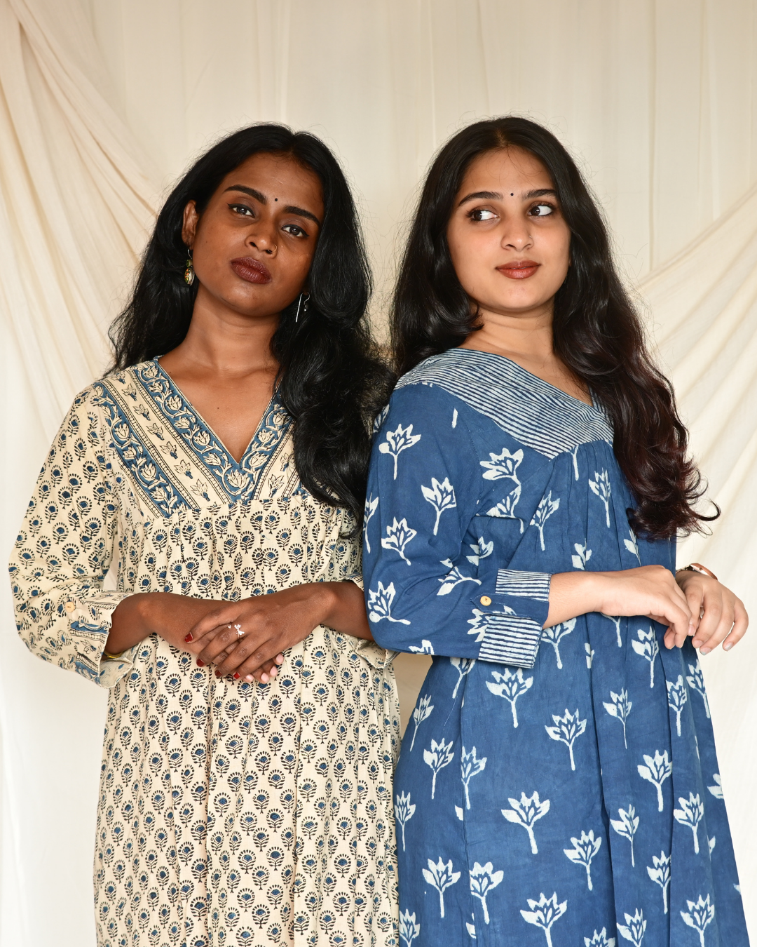 Gulmohar Indigo Printed Gatherd A-line dress kurti