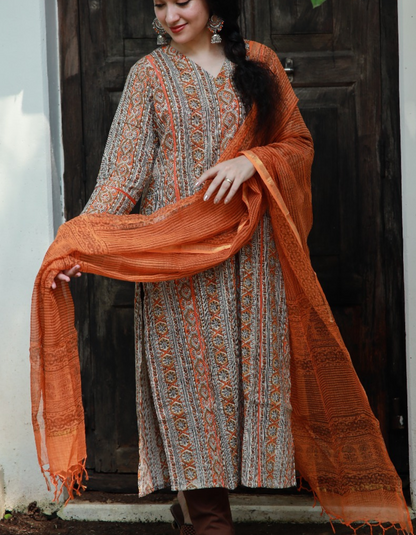 Orange Printed Kota Doria Dupatta