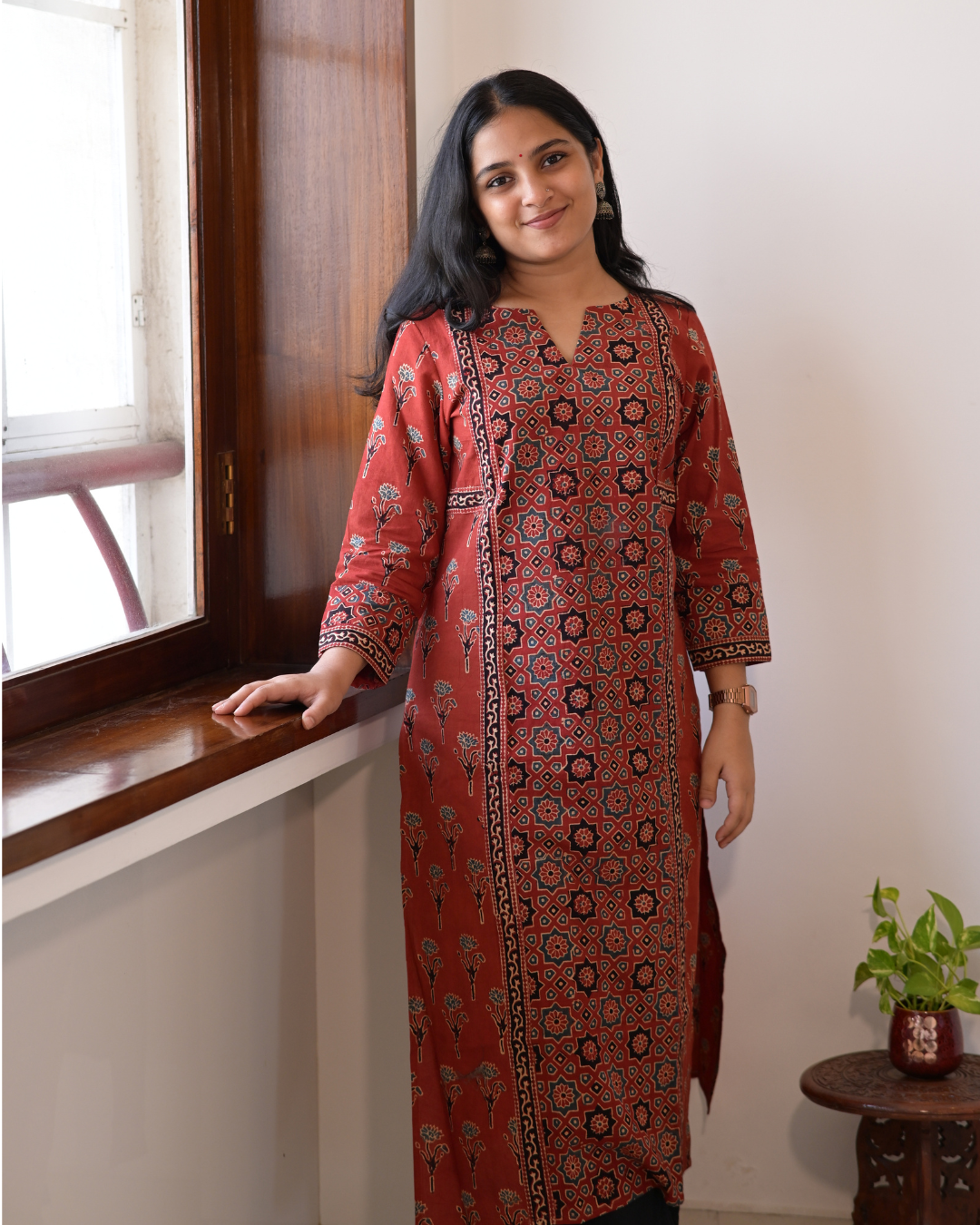 "DHOOP" Red Ajrakh Hand Block Printed Cotton Kurti