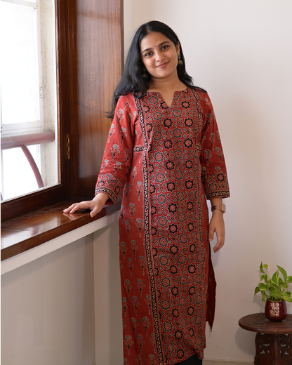 "DHOOP" Red Ajrakh Hand Block Printed Cotton Kurti