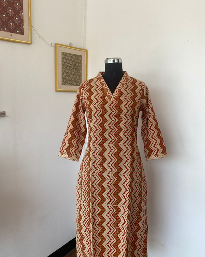 Bagru Hand Block Print With Kantha Embroidery  V Neck Kurti