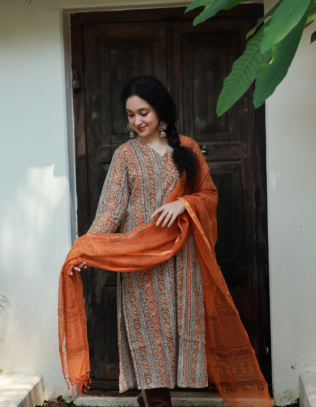 Orange and Beige V neck Kurti with Cotton Pant and Dupatta  SET