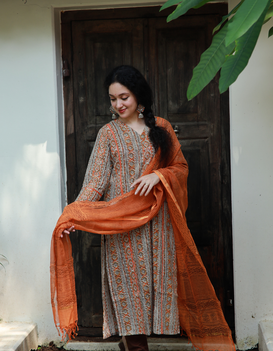 Beige and Orange Hand Block Printed Slub Cotton V Neck Kurti