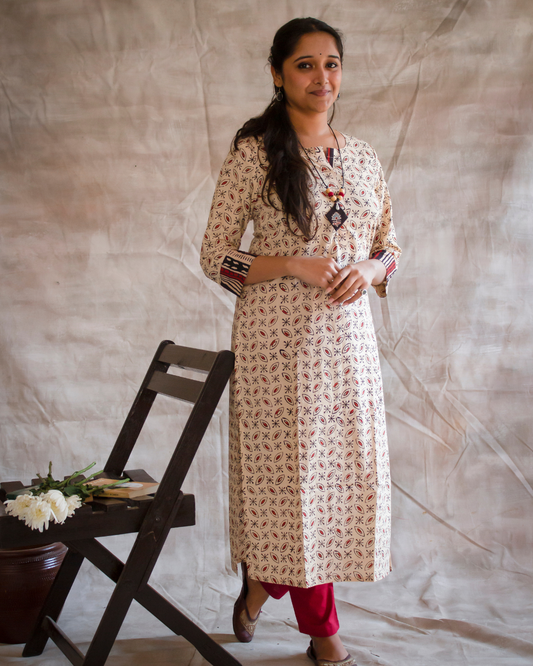 Beige and Maroon color Hand Block Printed Kurti