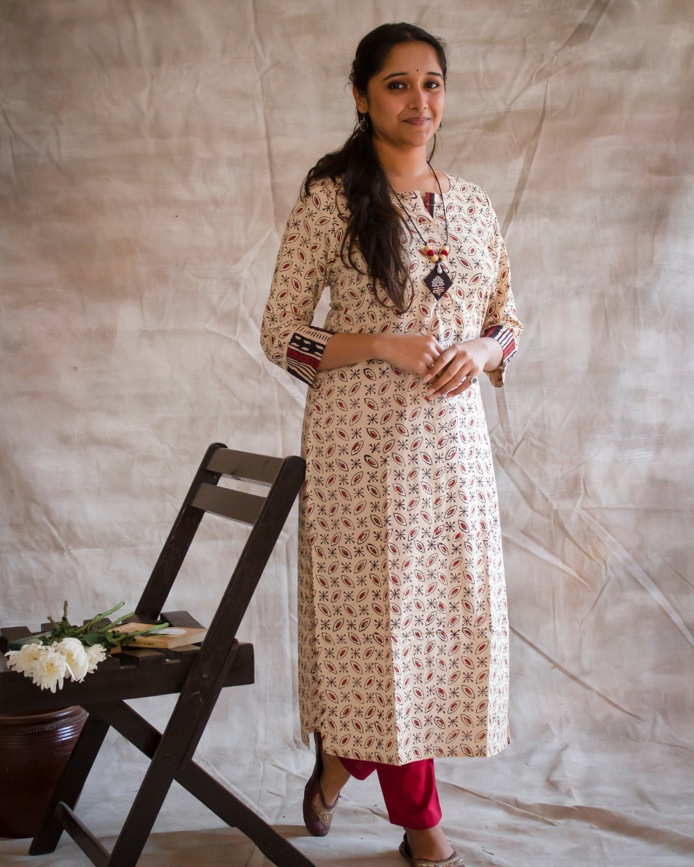 Beige and Maroon color Hand Block Printed Kurti and pant set