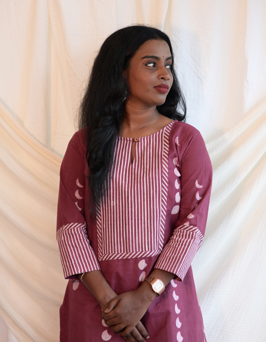 Kadha Cherry Pink Dabu Printed Patch Kurti