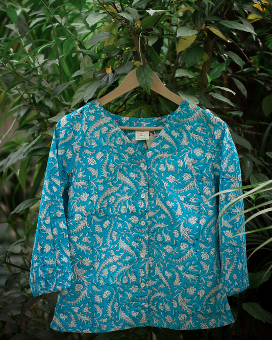 Blue Hand Block Floral Shirt