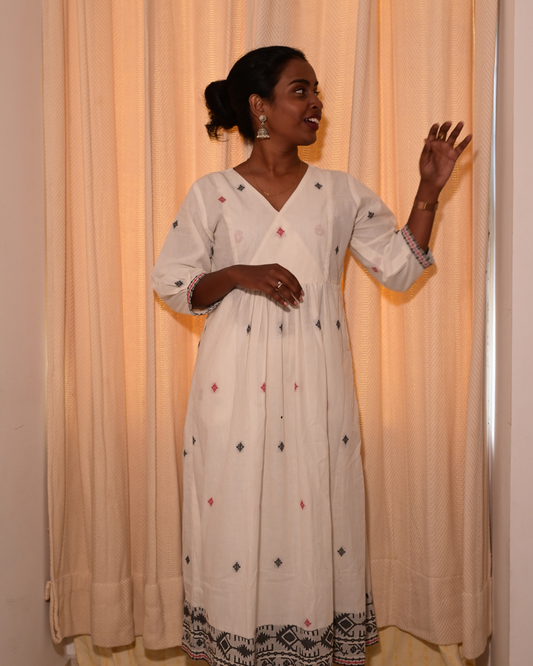 BLACK AND WHITE SOUTH COTTON GATHERED DRESS