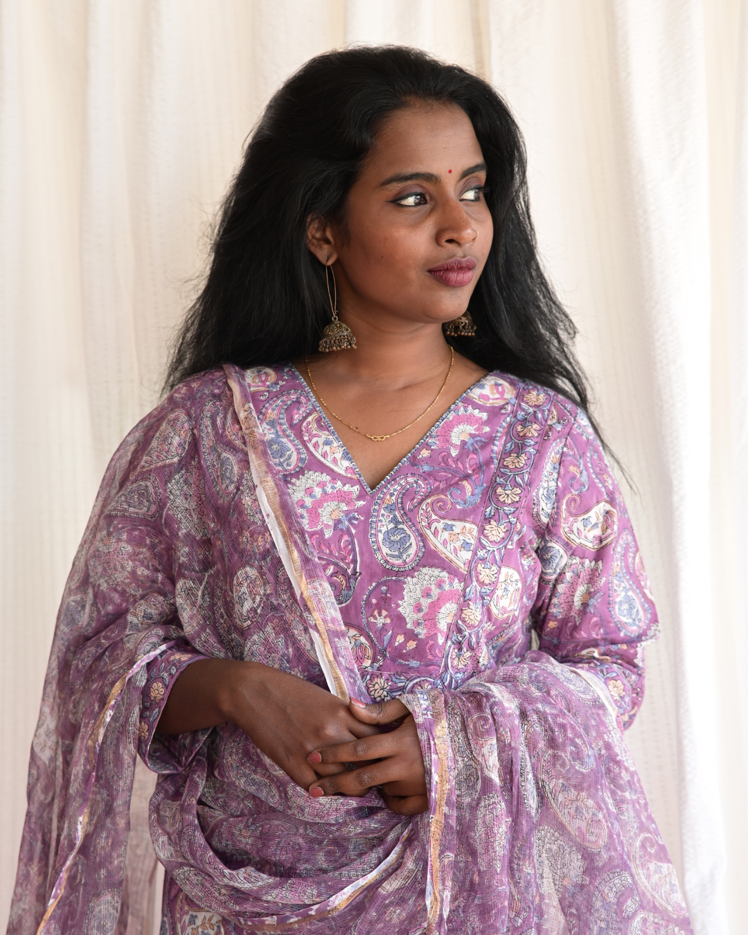 "NAIRA" Purple Floral Sanganeri  printed Cotton Kurti with Pant