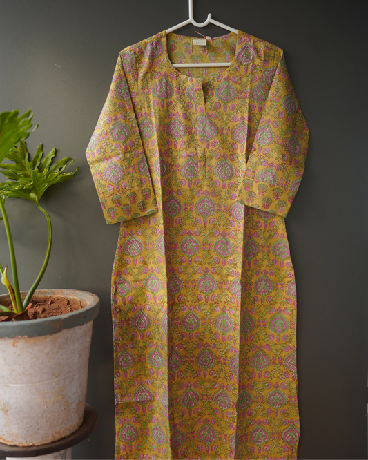 Corn Yellow floral Hand Block Printed Kurti