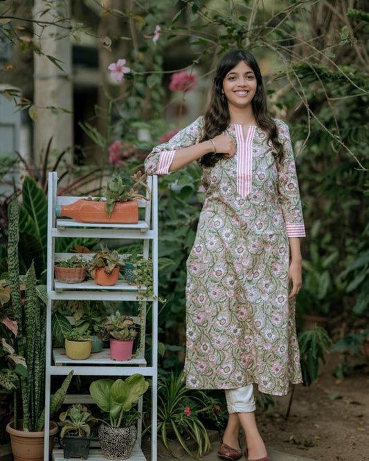 Green and pink hand block printed kurti