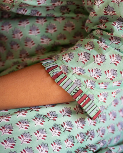 Mint Green Floral Hand Block Printed A Line Dress